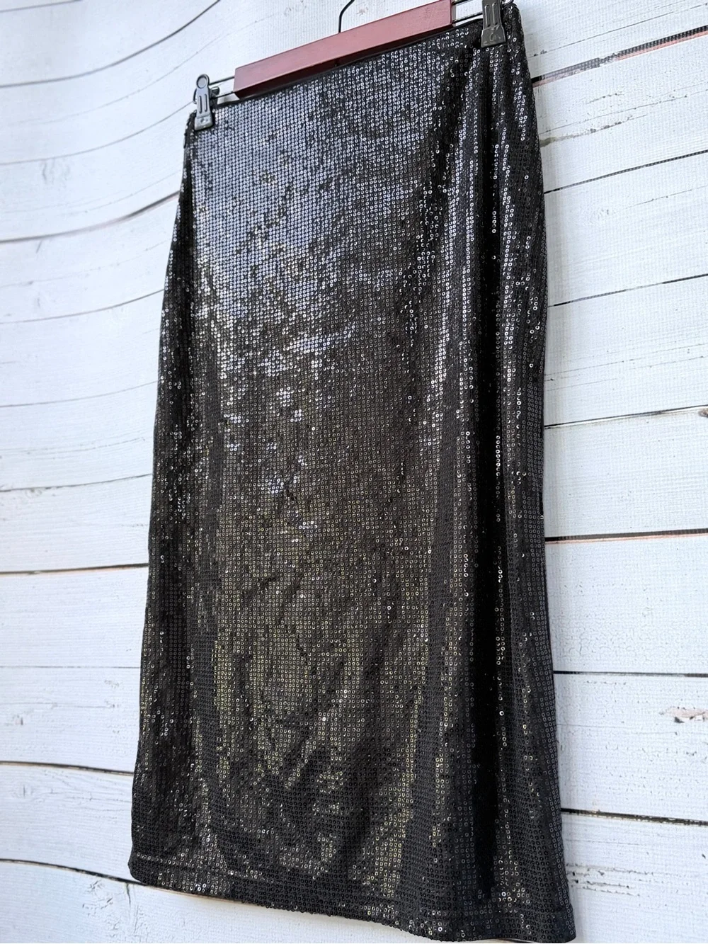 Time and Tru Black Sequin Midi Skirt with Side Slit